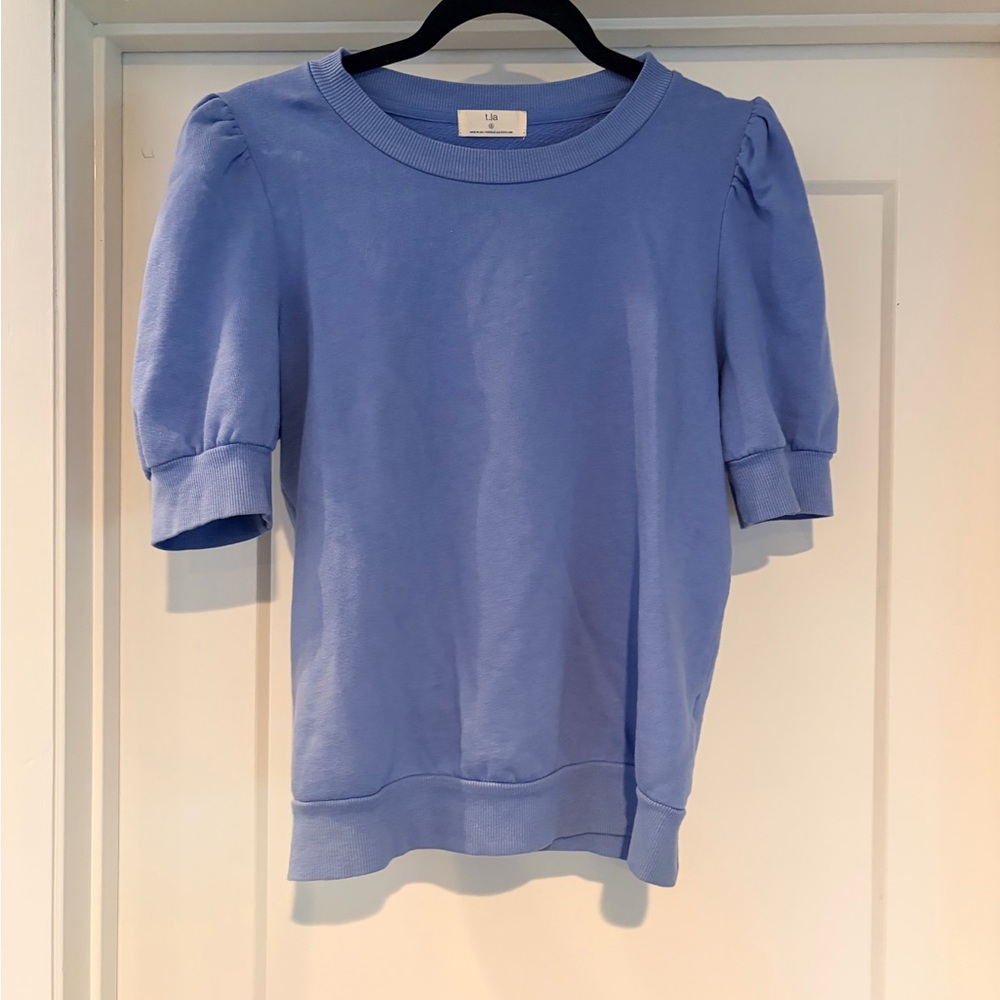 Anthropologie Puff-Sleeve Short-Sleeve Sweatshirt in Periwinkle Blue
